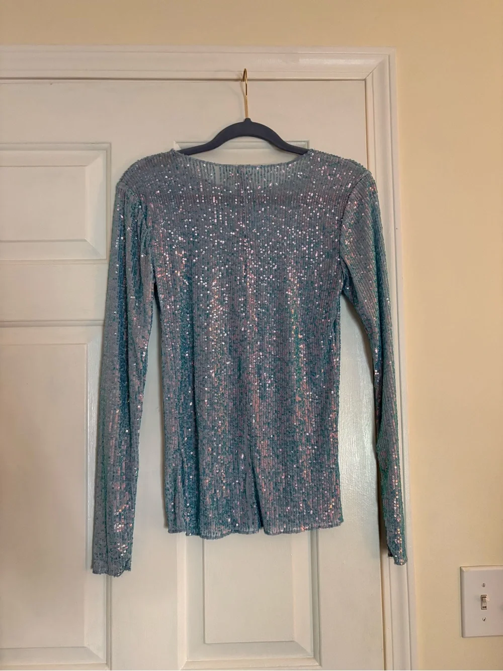 Free People Sequin Ribbed Long Sleeve Top in Light Blue